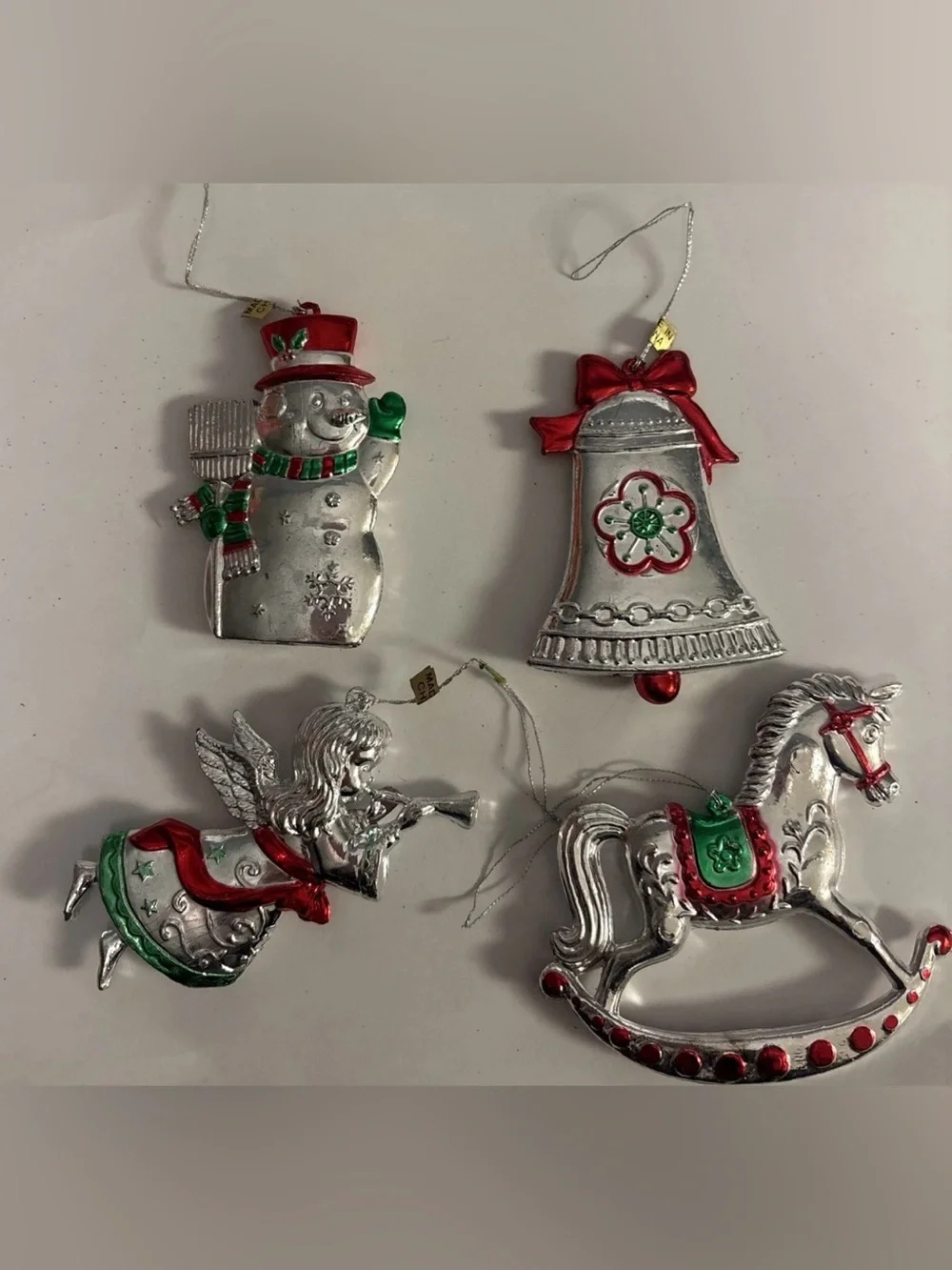 4 Metallic Silver Red Green Hard Plastic‎ Christmas Ornaments Rocking Horse Bell